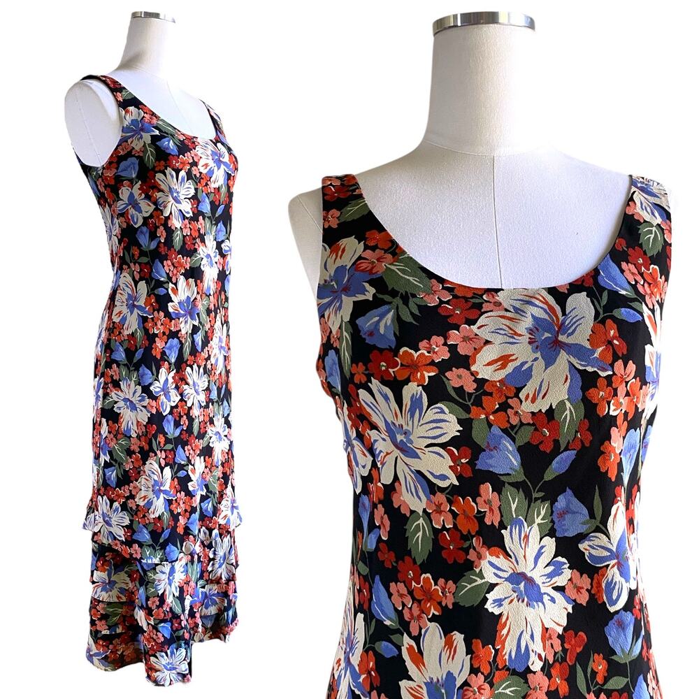 90s Lauren Ralph Lauren Silk Chiffon Floral Bias Cut Layered Sleeveless Dress